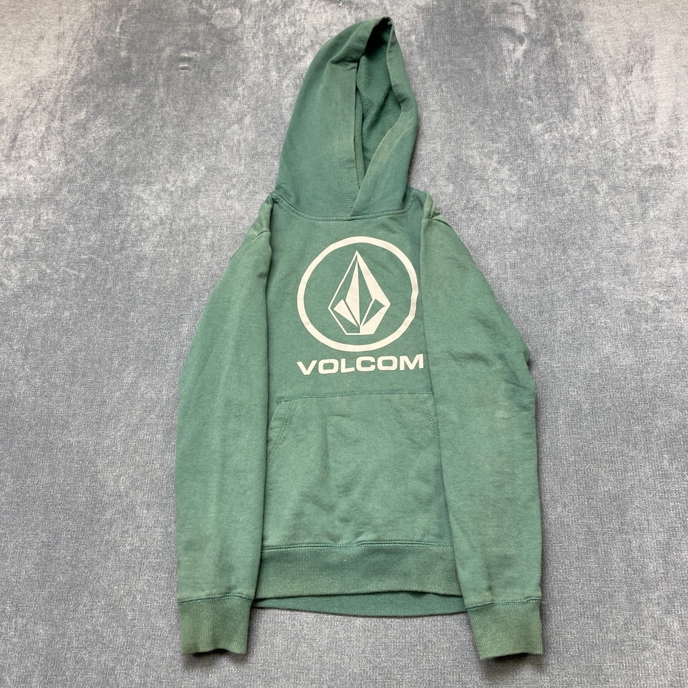 Volcom Hoodie Mens Small Green Logo Graphic Fleece Lined Long Sleeve Pullover